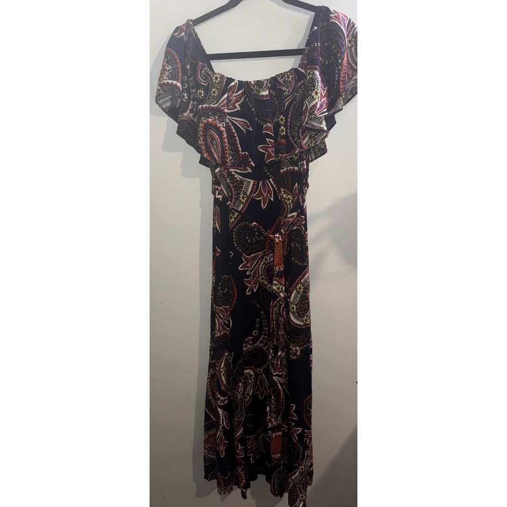 Baltic Born Navy Paisley Off Shoulder Ruffle Maxi Dress Womens Small Boho